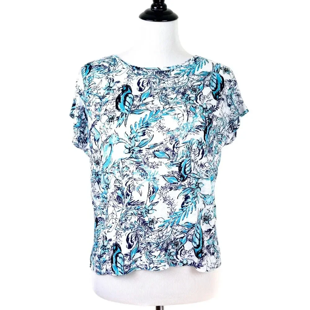 Tahari Size S Linen Slub Knit Tee Button Back Birds Flower Blue White
